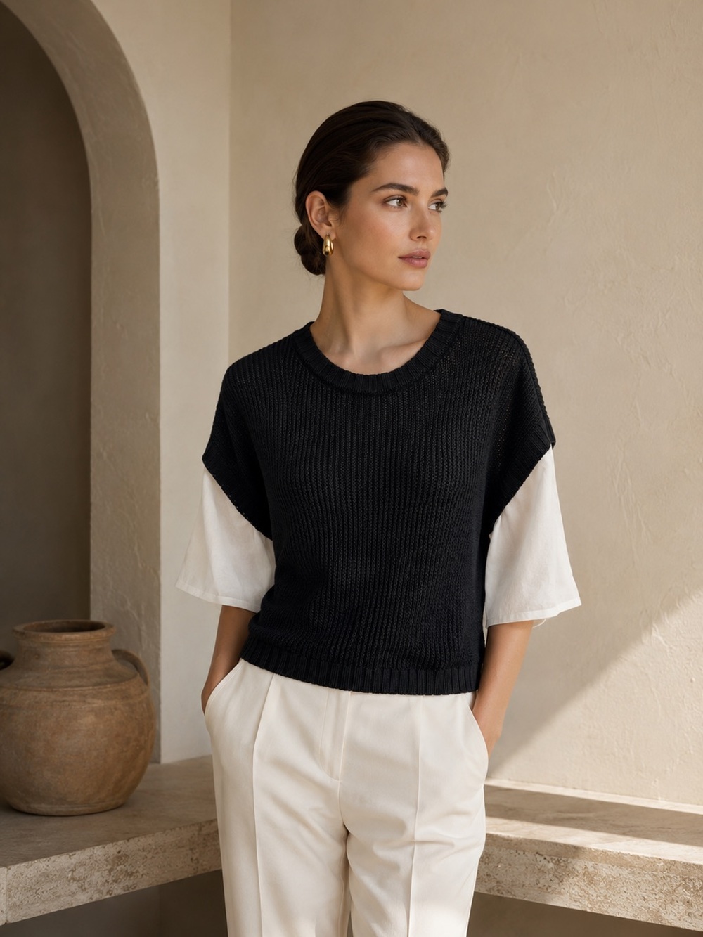 Piazza Sempione Italy Black Knit Silk Sleeve Layered Top Size 40